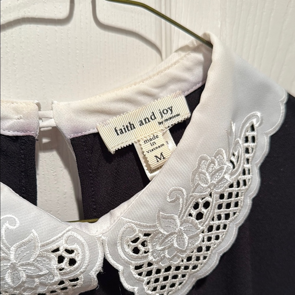 Faith and Joy Black Short Sleeve Blouse with Peter Pan Collar - Picture 2 of 3